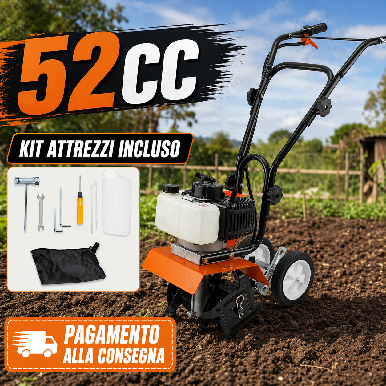 Motozappa 52CC con motore a scoppio 2 tempi e kit attrezzi incluso